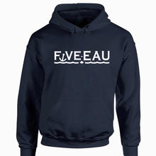 Load image into Gallery viewer, navy hoodie sweatshirt Five-Eau wave logo based in Erieau on Lake Erie Ontario.  Lifestyle apparel brand for water lovers, wake surf, water ski, fishing and boating enthusiasts