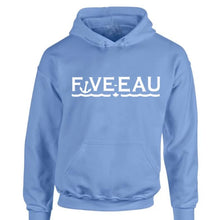 Load image into Gallery viewer, erie sky blue hoodie sweatshirt Five-Eau wave logo based in Erieau on Lake Erie Ontario.  Lifestyle apparel brand for water lovers, wake surf, water ski, fishing and boating enthusiasts