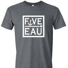 Load image into Gallery viewer, Dark Heather  block logo t-shirt.  Lifestyle apparel brand for water lovers, wake surf, water ski, fishing and boating enthusiasts based out of Erieau on Lake Erie Ontario.