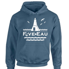 Load image into Gallery viewer, erie indigo hoodie sweatshirt showing seagulls in flight around the lighthouse and pier in Erieau on Lake Erie Ontario.  Lifestyle apparel brand for water lovers, wake surf, water ski, fishing and boating enthusiasts
