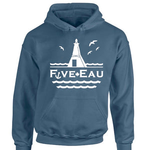 erie indigo hoodie sweatshirt showing seagulls in flight around the lighthouse and pier in Erieau on Lake Erie Ontario.  Lifestyle apparel brand for water lovers, wake surf, water ski, fishing and boating enthusiasts