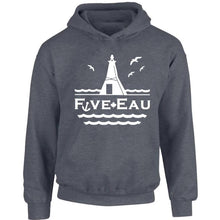 Load image into Gallery viewer, dark heather hoodie sweatshirt showing seagulls in flight around the lighthouse and pier in Erieau on Lake Erie Ontario.  Lifestyle apparel brand for water lovers, wake surf, water ski, fishing and boating enthusiasts