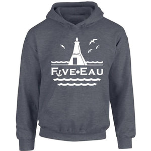 dark heather hoodie sweatshirt showing seagulls in flight around the lighthouse and pier in Erieau on Lake Erie Ontario.  Lifestyle apparel brand for water lovers, wake surf, water ski, fishing and boating enthusiasts