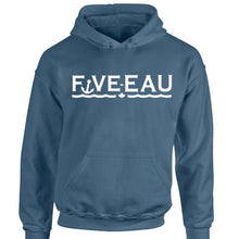 Load image into Gallery viewer, erie indigo hoodie sweatshirt Five-Eau wave logo based in Erieau on Lake Erie Ontario.  Lifestyle apparel brand for water lovers, wake surf, water ski, fishing and boating enthusiasts