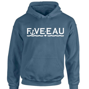 erie indigo hoodie sweatshirt Five-Eau wave logo based in Erieau on Lake Erie Ontario.  Lifestyle apparel brand for water lovers, wake surf, water ski, fishing and boating enthusiasts
