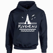 Load image into Gallery viewer, navy hoodie sweatshirt showing seagulls in flight around the lighthouse and pier in Erieau on Lake Erie Ontario.  Lifestyle apparel brand for water lovers, wake surf, water ski, fishing and boating enthusiasts
