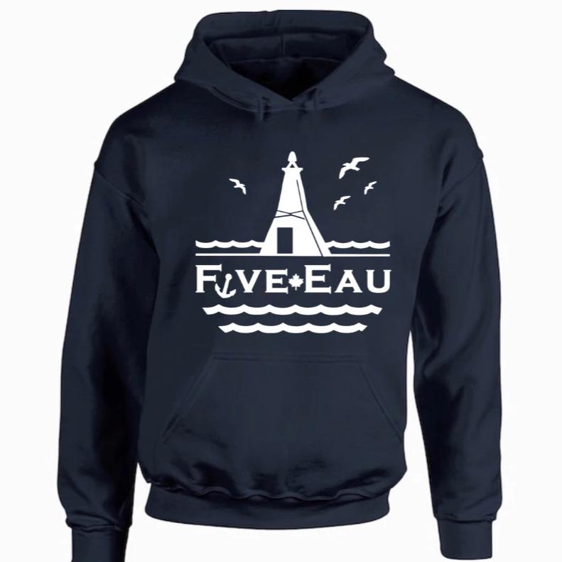 navy hoodie sweatshirt showing seagulls in flight around the lighthouse and pier in Erieau on Lake Erie Ontario.  Lifestyle apparel brand for water lovers, wake surf, water ski, fishing and boating enthusiasts
