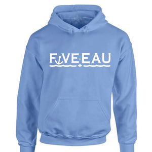 erie sky blue hoodie sweatshirt Five-Eau wave logo based in Erieau on Lake Erie Ontario.  Lifestyle apparel brand for water lovers, wake surf, water ski, fishing and boating enthusiasts