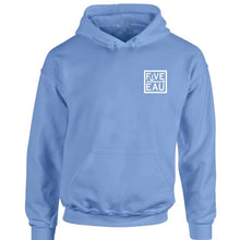 Load image into Gallery viewer, erie sky blue small block logo hoodie sweatshirt.  Lifestyle apparel brand for water lovers, wake surf, water ski, fishing and boating enthusiasts based out of Erieau on Lake Erie Ontario.