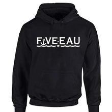 Load image into Gallery viewer, black hoodie sweatshirt Five-Eau wave logo based in Erieau on Lake Erie Ontario.  Lifestyle apparel brand for water lovers, wake surf, water ski, fishing and boating enthusiasts