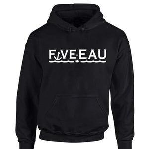 black hoodie sweatshirt Five-Eau wave logo based in Erieau on Lake Erie Ontario.  Lifestyle apparel brand for water lovers, wake surf, water ski, fishing and boating enthusiasts
