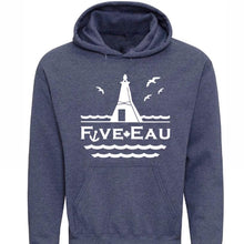 Load image into Gallery viewer, huron heather hoodie sweatshirt showing seagulls in flight around the lighthouse and pier in Erieau on Lake Erie Ontario.  Lifestyle apparel brand for water lovers, wake surf, water ski, fishing and boating enthusiasts
