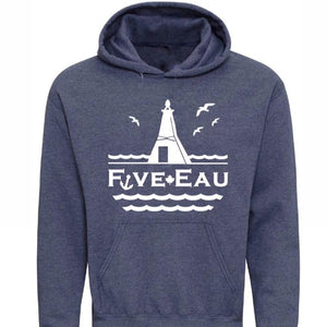 huron heather hoodie sweatshirt showing seagulls in flight around the lighthouse and pier in Erieau on Lake Erie Ontario.  Lifestyle apparel brand for water lovers, wake surf, water ski, fishing and boating enthusiasts