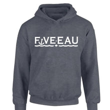 Load image into Gallery viewer, dark heather hoodie sweatshirt Five-Eau wave logo based in Erieau on Lake Erie Ontario.  Lifestyle apparel brand for water lovers, wake surf, water ski, fishing and boating enthusiasts