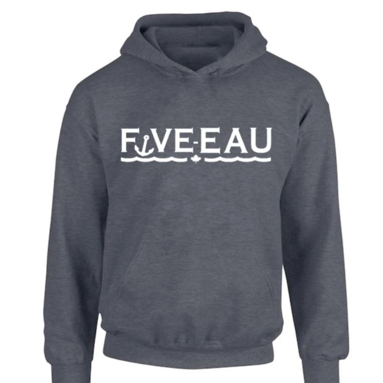 dark heather hoodie sweatshirt Five-Eau wave logo based in Erieau on Lake Erie Ontario.  Lifestyle apparel brand for water lovers, wake surf, water ski, fishing and boating enthusiasts