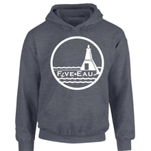 Load image into Gallery viewer, dark heather hoodie sweatshirt showing the lighthouse and pier in Erieau on Lake Erie Ontario.  Lifestyle apparel brand for water lovers, wake surf, water ski, fishing and boating enthusiasts
