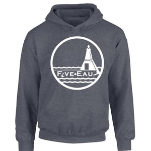 dark heather hoodie sweatshirt showing the lighthouse and pier in Erieau on Lake Erie Ontario.  Lifestyle apparel brand for water lovers, wake surf, water ski, fishing and boating enthusiasts