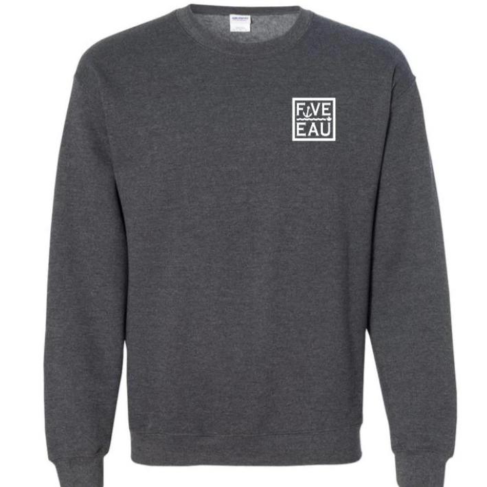 dark heather small block logo crew neck sweatshirt.  Lifestyle apparel brand for water lovers, wake surf, water ski, fishing and boating enthusiasts based out of Erieau on Lake Erie Ontario.