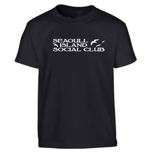 Load image into Gallery viewer, Erieau tees, made for the lake, lake life - all summarized in one - Seagull Island Social Club.   Summer at it&#39;s best.  Black t-shirt, white script. 