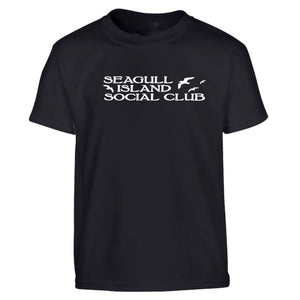 Erieau tees, made for the lake, lake life - all summarized in one - Seagull Island Social Club.   Summer at it's best.  Black t-shirt, white script. 