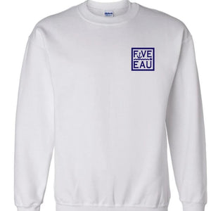 white small block logo crew neck sweatshirt.  Lifestyle apparel brand for water lovers, wake surf, water ski, fishing and boating enthusiasts based out of Erieau on Lake Erie Ontario.